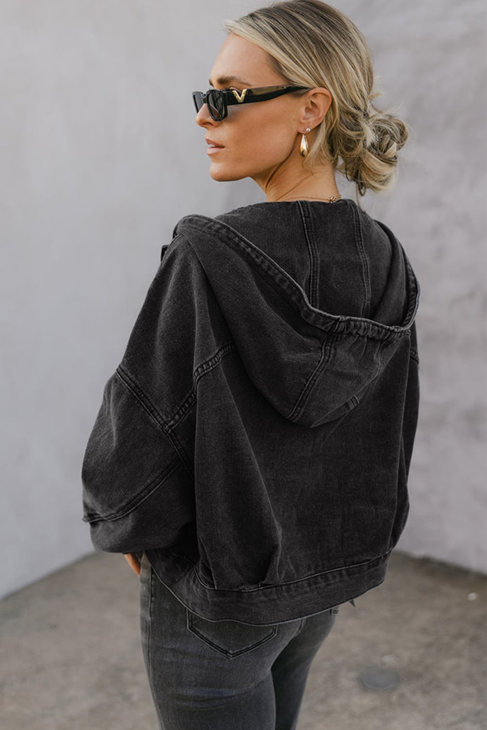 Black Big Chest Pocket Drop Shoulder Hooded Denim Jacket