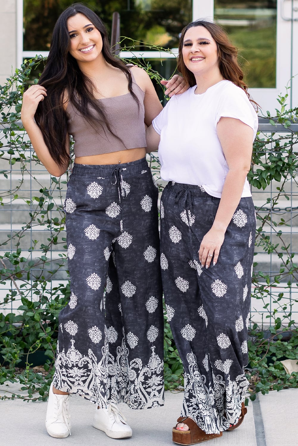 Black Bohemian Printed Drawstring Elastic Waistband Wide Leg Pants