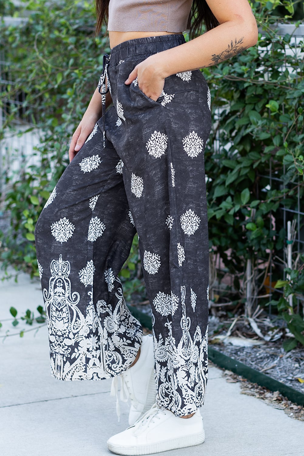 Black Bohemian Printed Drawstring Elastic Waistband Wide Leg Pants