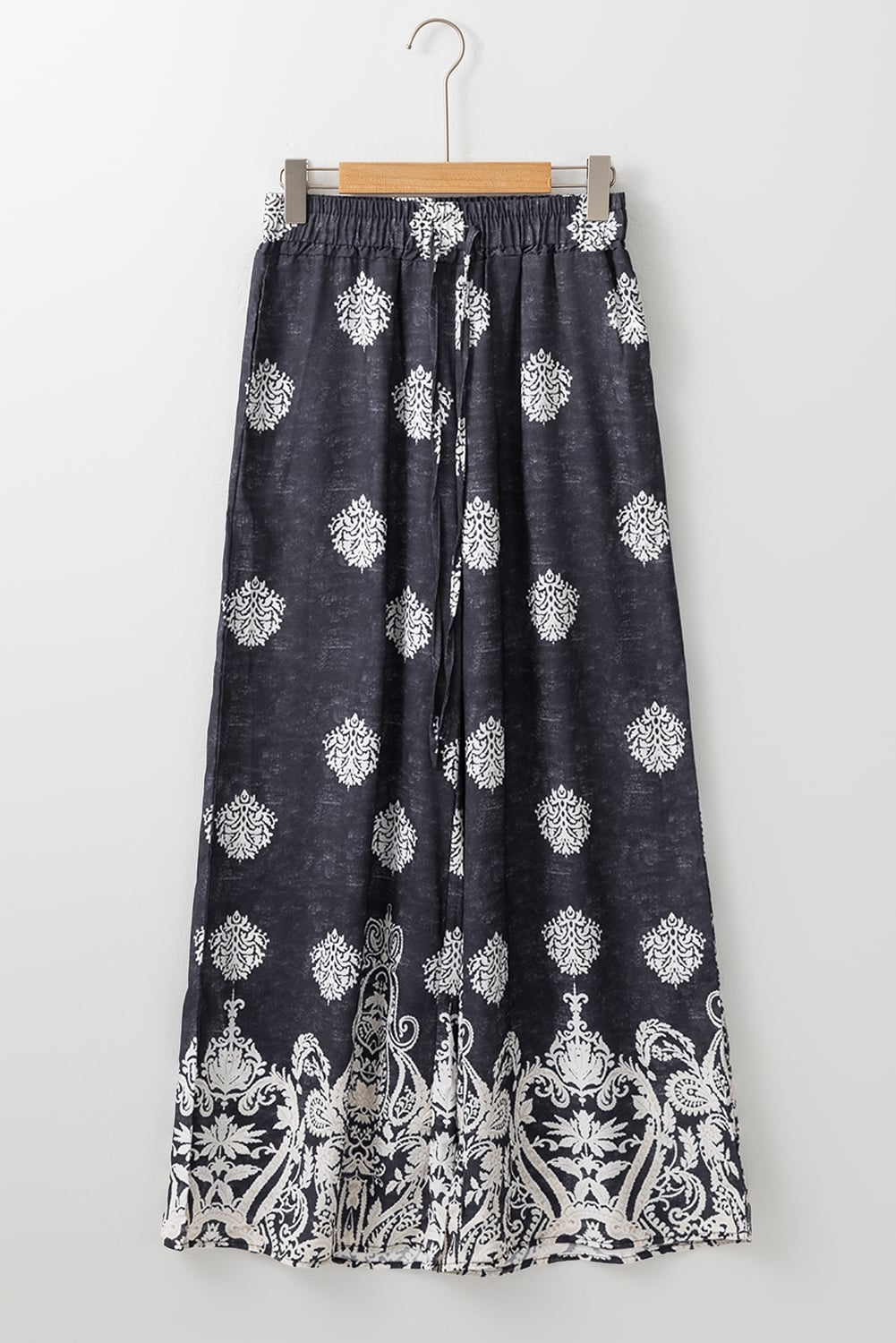 Black Bohemian Printed Drawstring Elastic Waistband Wide Leg Pants
