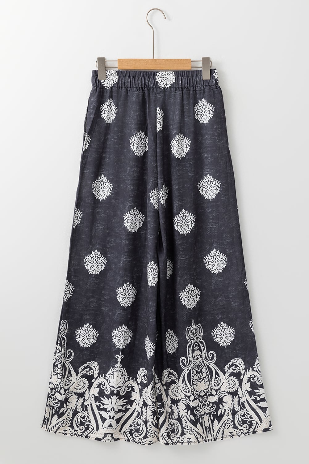 Black Bohemian Printed Drawstring Elastic Waistband Wide Leg Pants
