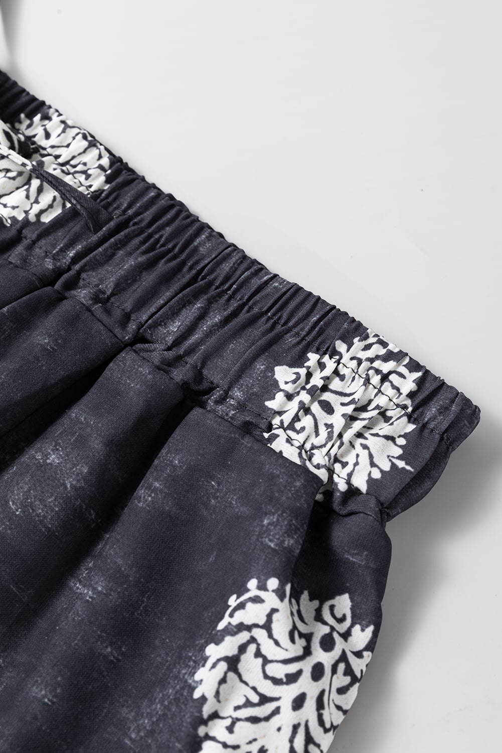 Black Bohemian Printed Drawstring Elastic Waistband Wide Leg Pants