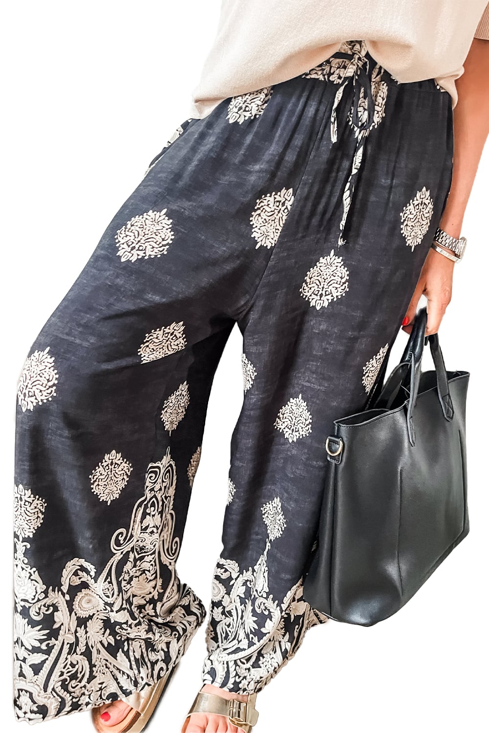 Black Bohemian Printed Drawstring Elastic Waistband Wide Leg Pants