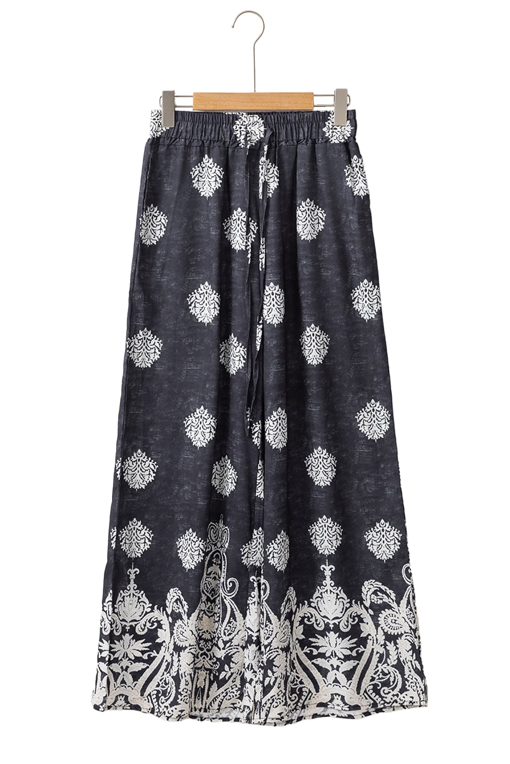Black Bohemian Printed Drawstring Elastic Waistband Wide Leg Pants