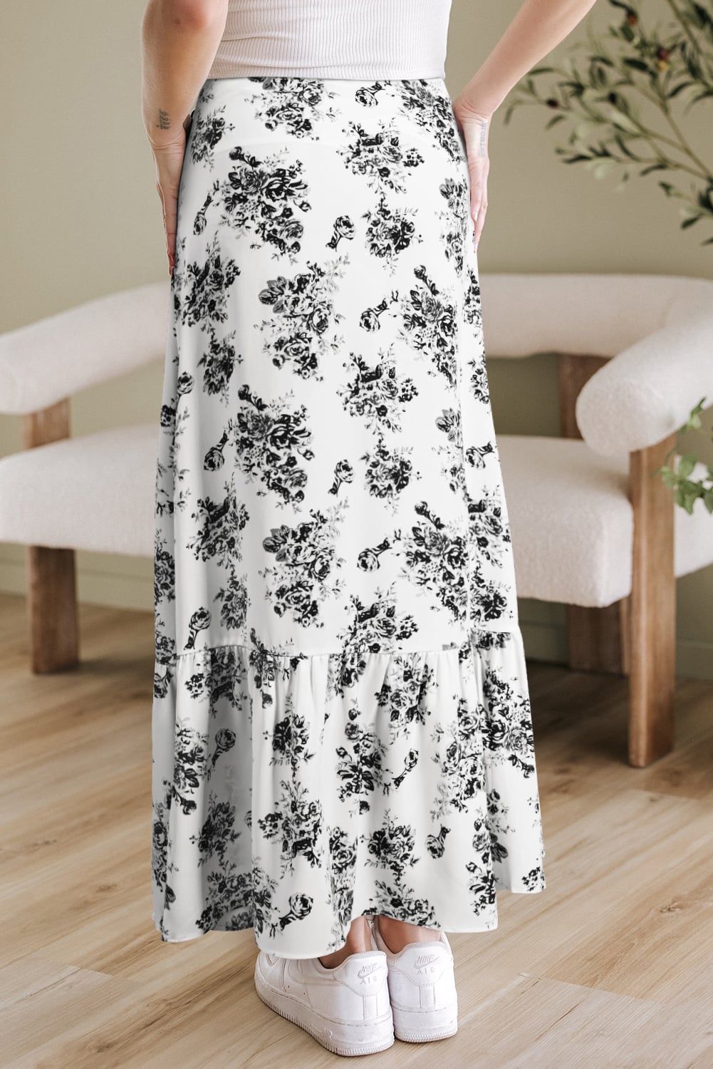 Black Boho Floral High Waist Ruffle Split Maxi Skirt