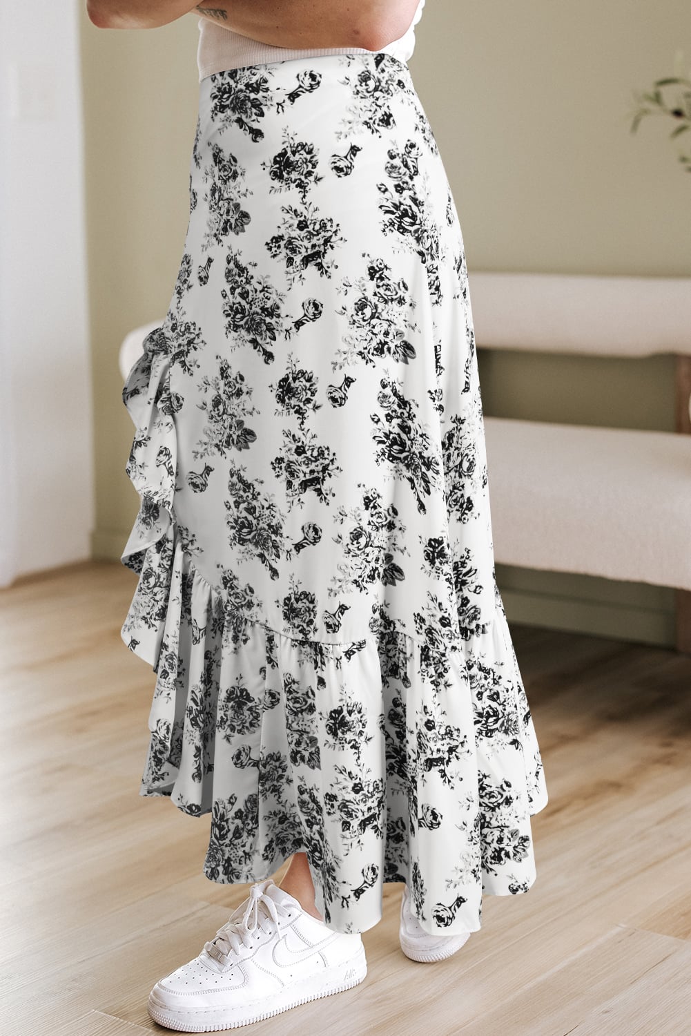 Black Boho Floral High Waist Ruffle Split Maxi Skirt