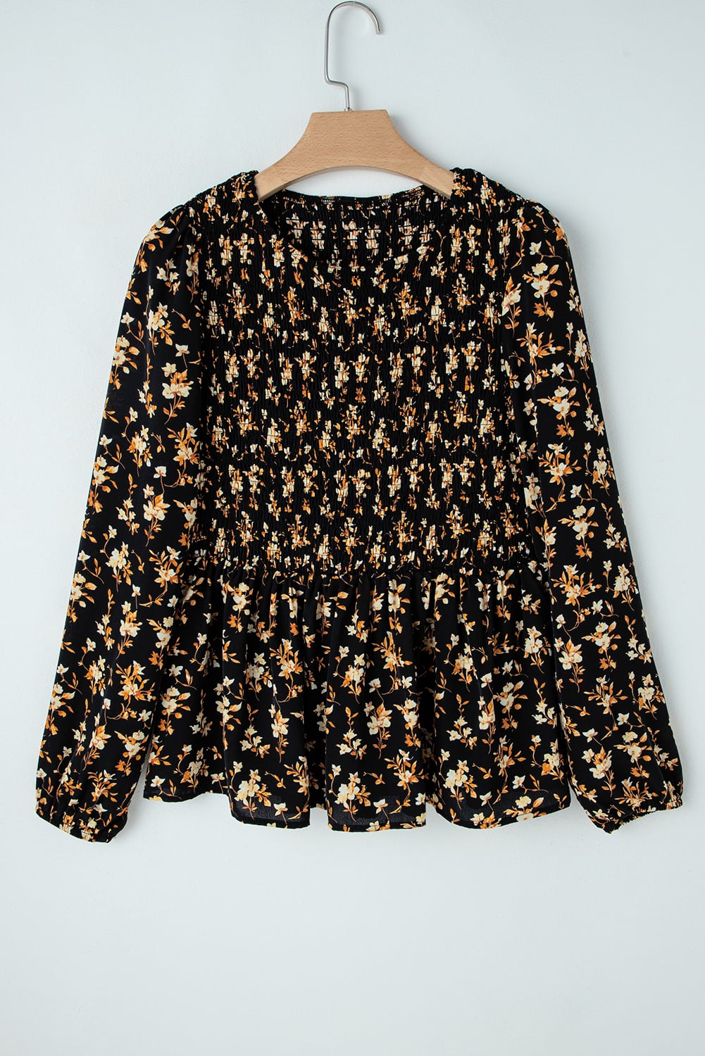 Black Boho Floral Smocked Bust Ruffled Peplum Blouse