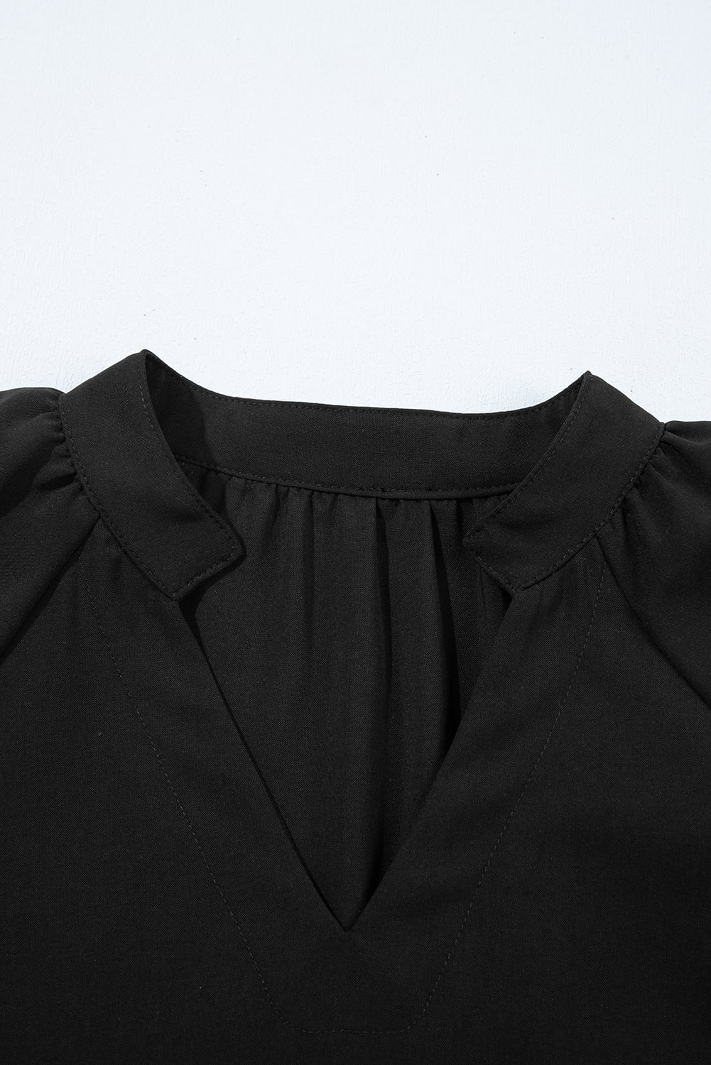 Black Bow Decor Puff Sleeve Split Neck Blouse