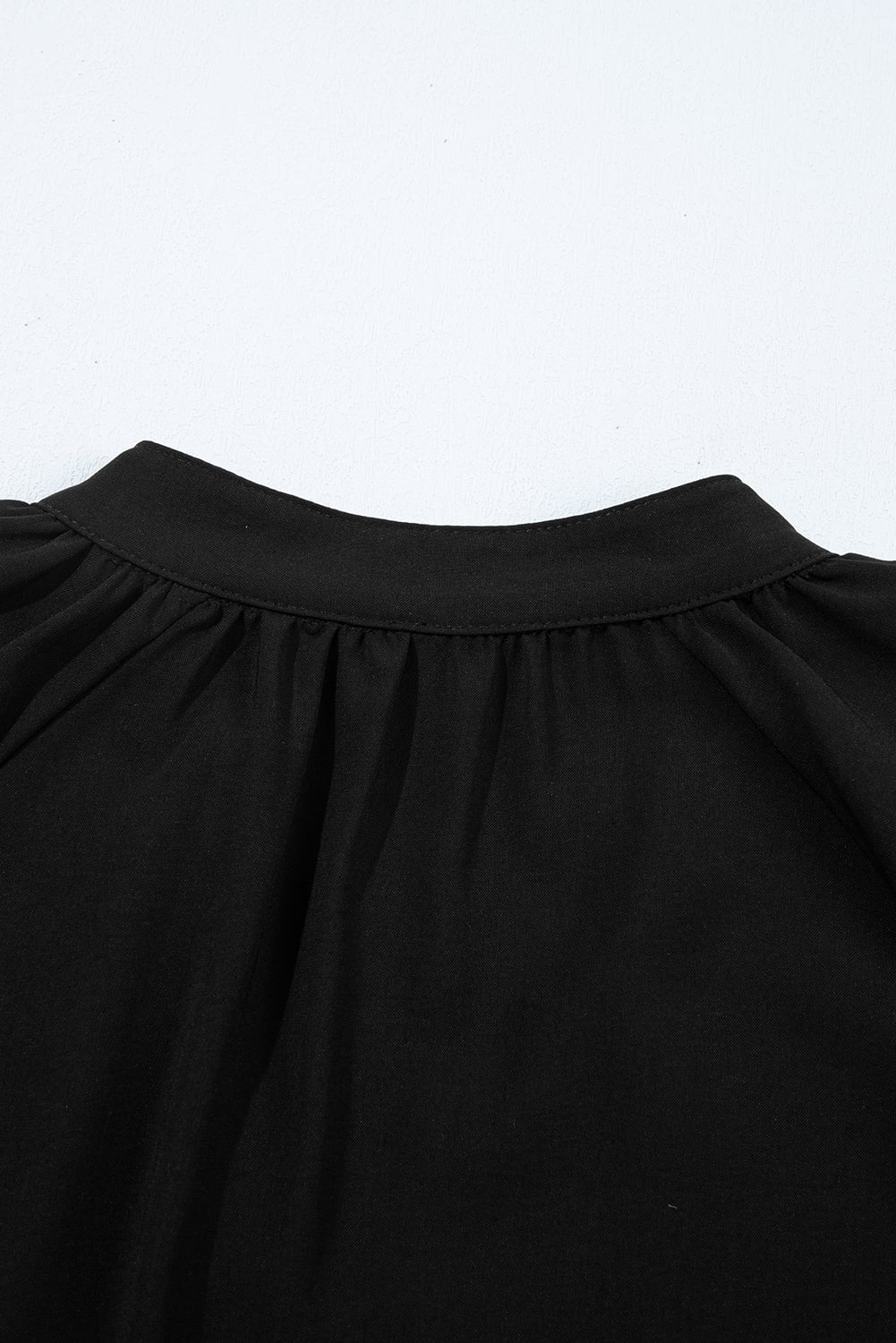 Black Bow Decor Puff Sleeve Split Neck Blouse
