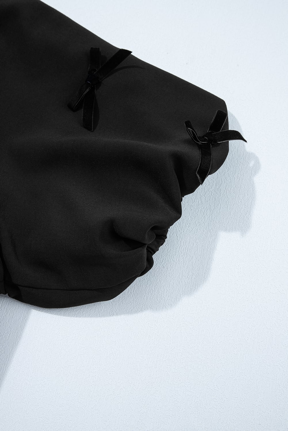 Black Bow Decor Puff Sleeve Split Neck Blouse