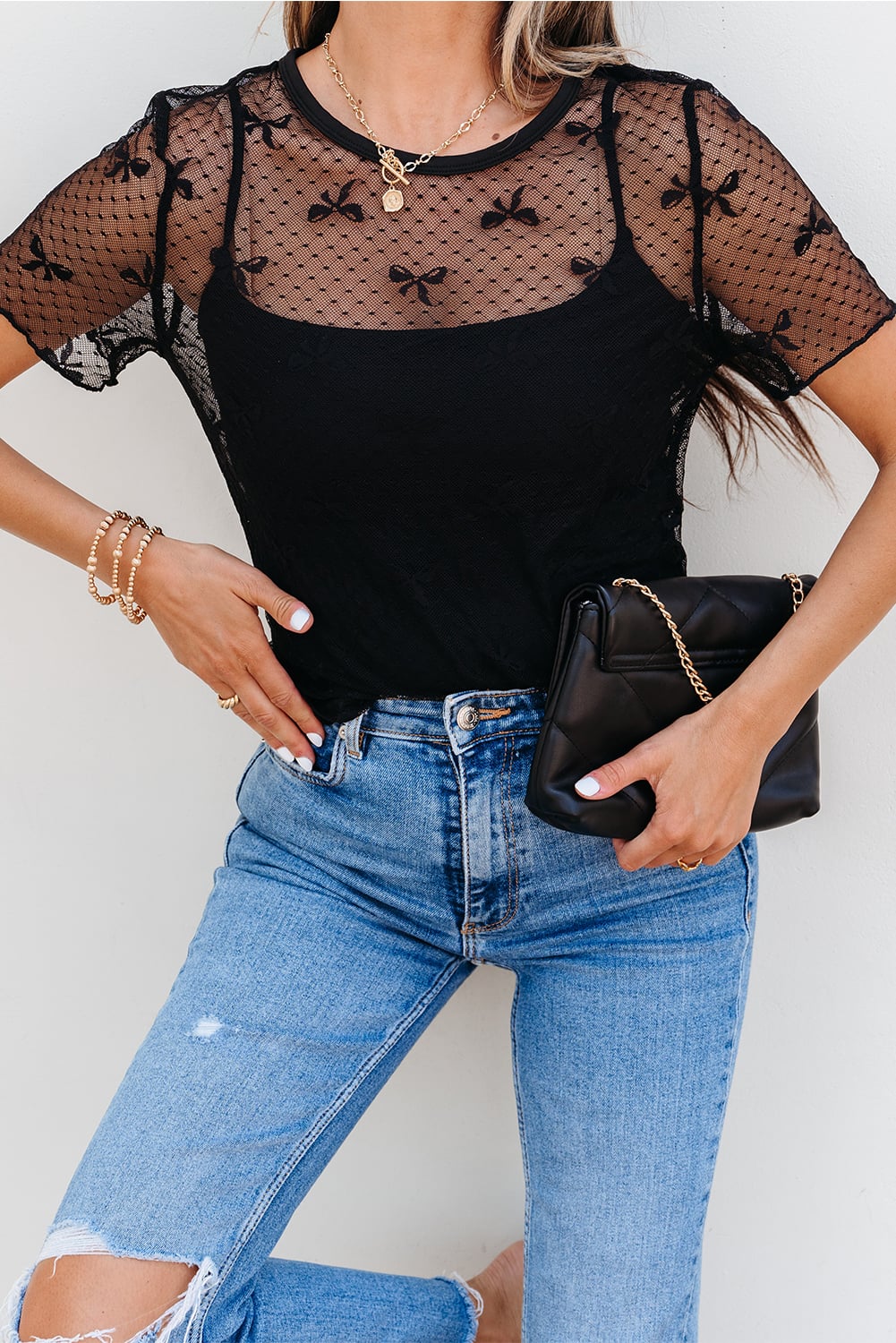 Black Bow Knot Dotted See-through Mesh Patched Slim Fit Blouse