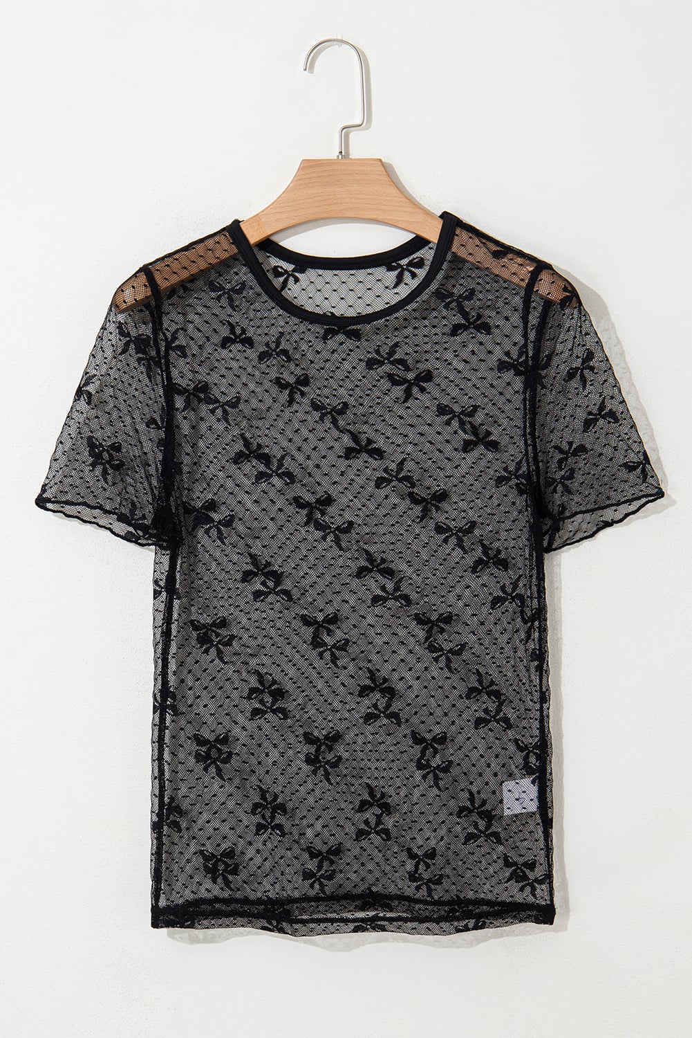 Black Bow Knot Dotted See-through Mesh Patched Slim Fit Blouse
