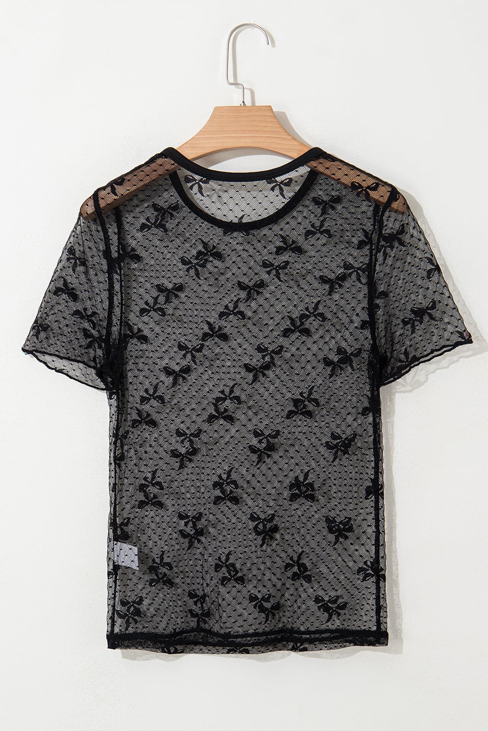 Black Bow Knot Dotted See-through Mesh Patched Slim Fit Blouse