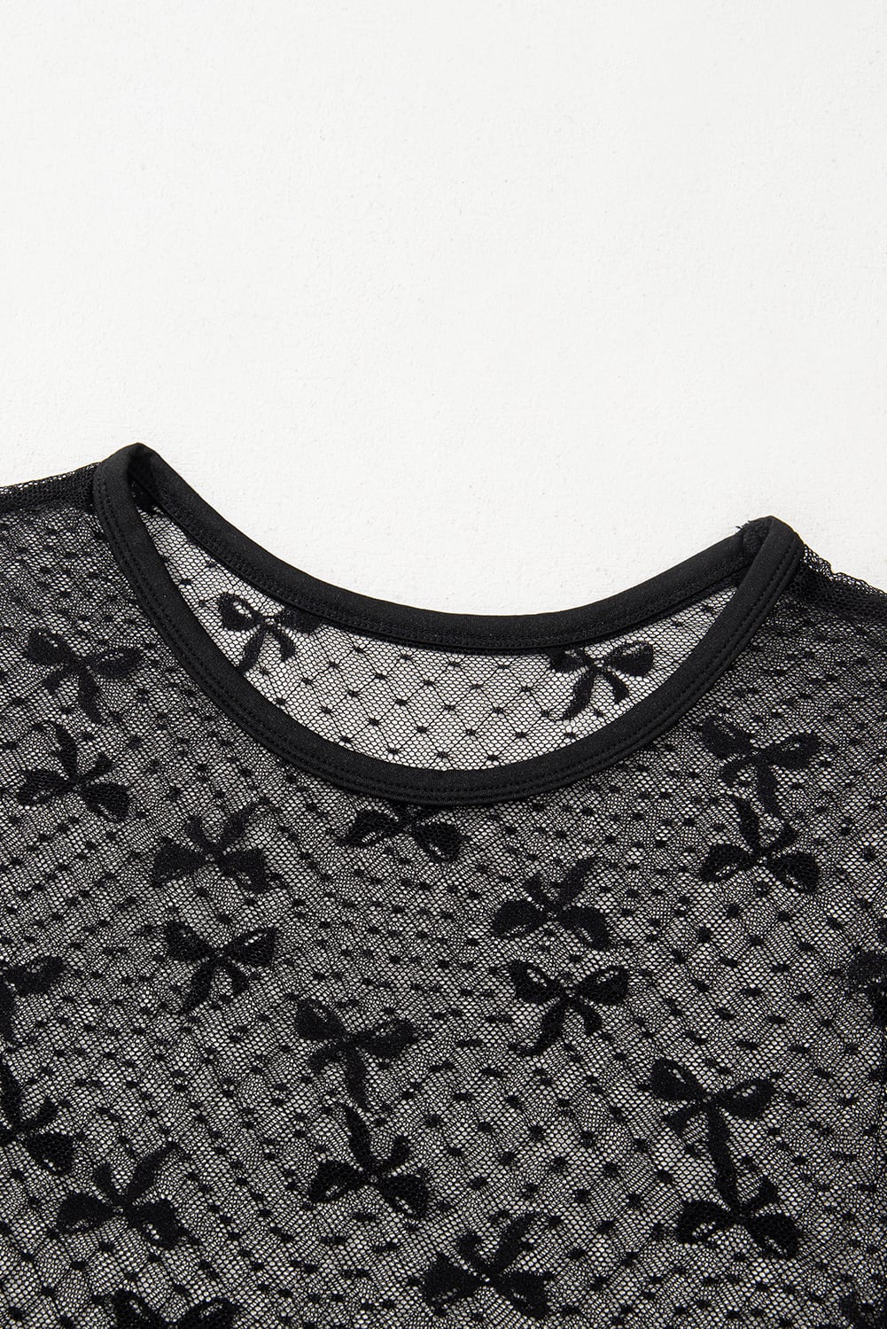 Black Bow Knot Dotted See-through Mesh Patched Slim Fit Blouse