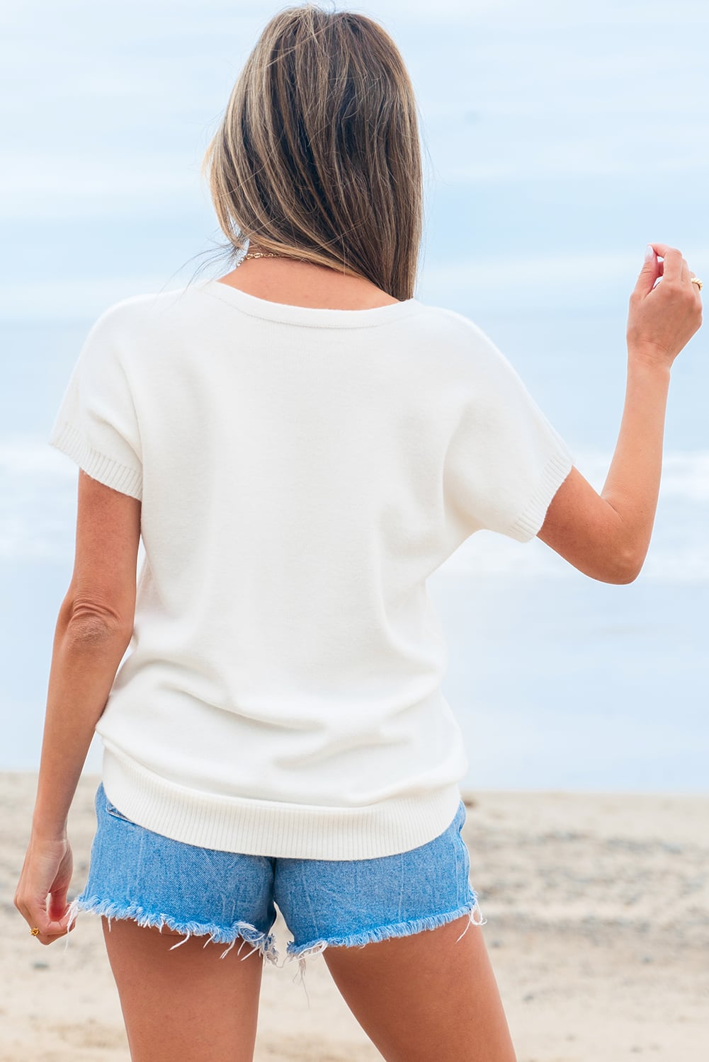 White Bow Pattern Knit Short Sleeve Sweater
