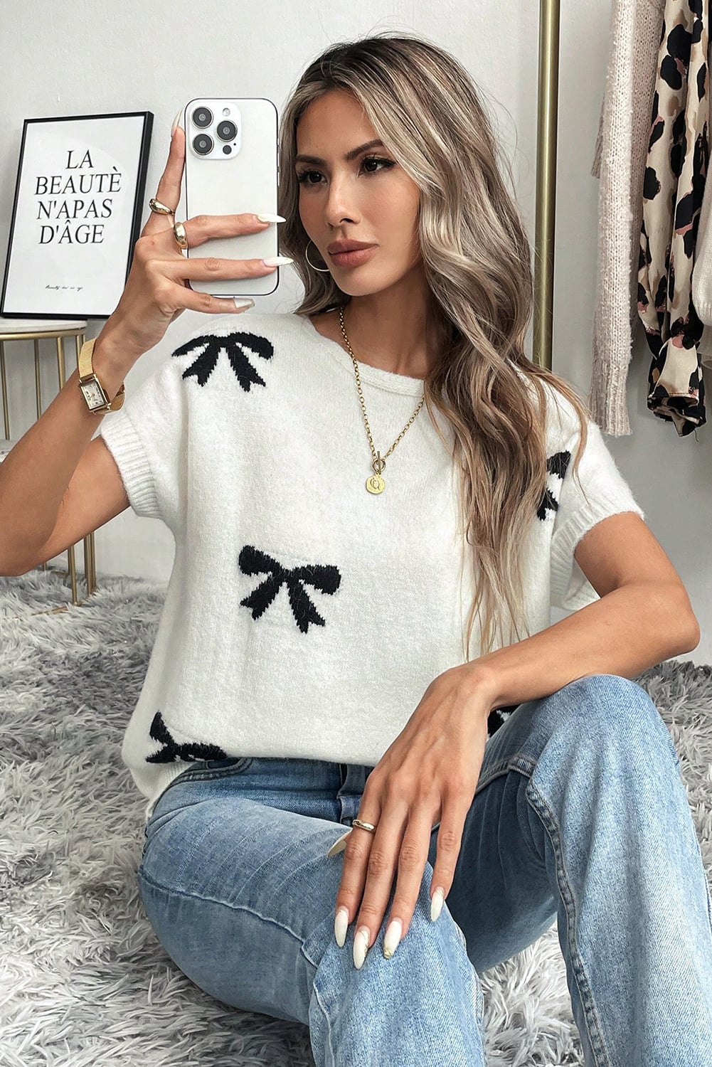 White Bow Pattern Knit Short Sleeve Sweater