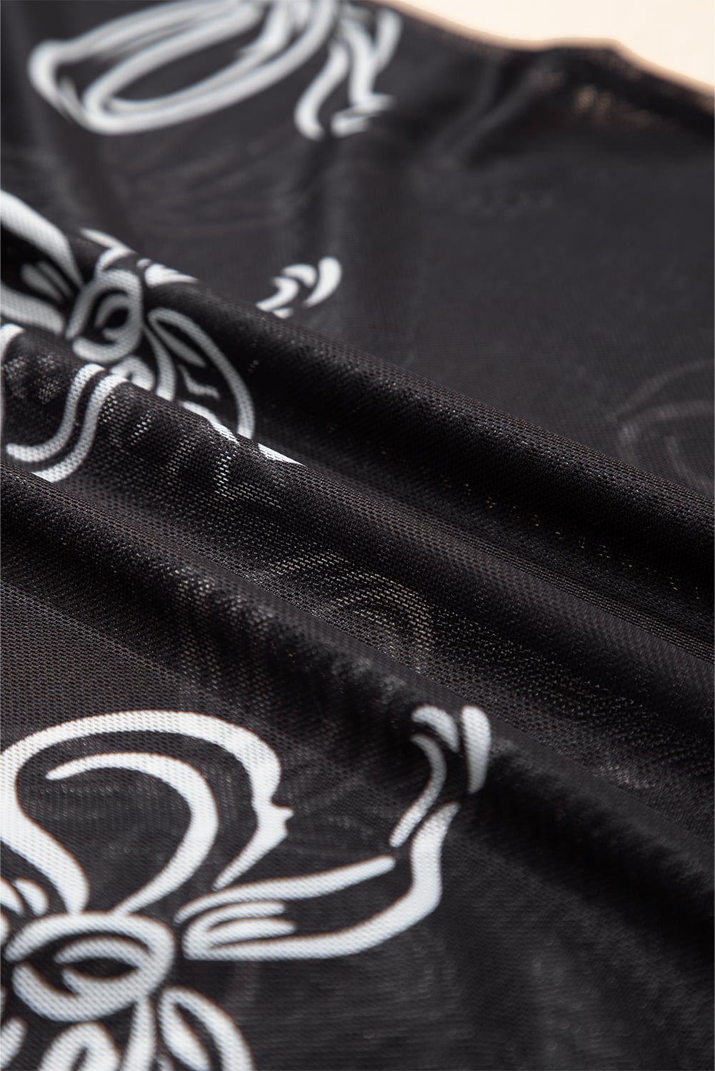 Black Bow Printed Mesh Short Sleeve Top