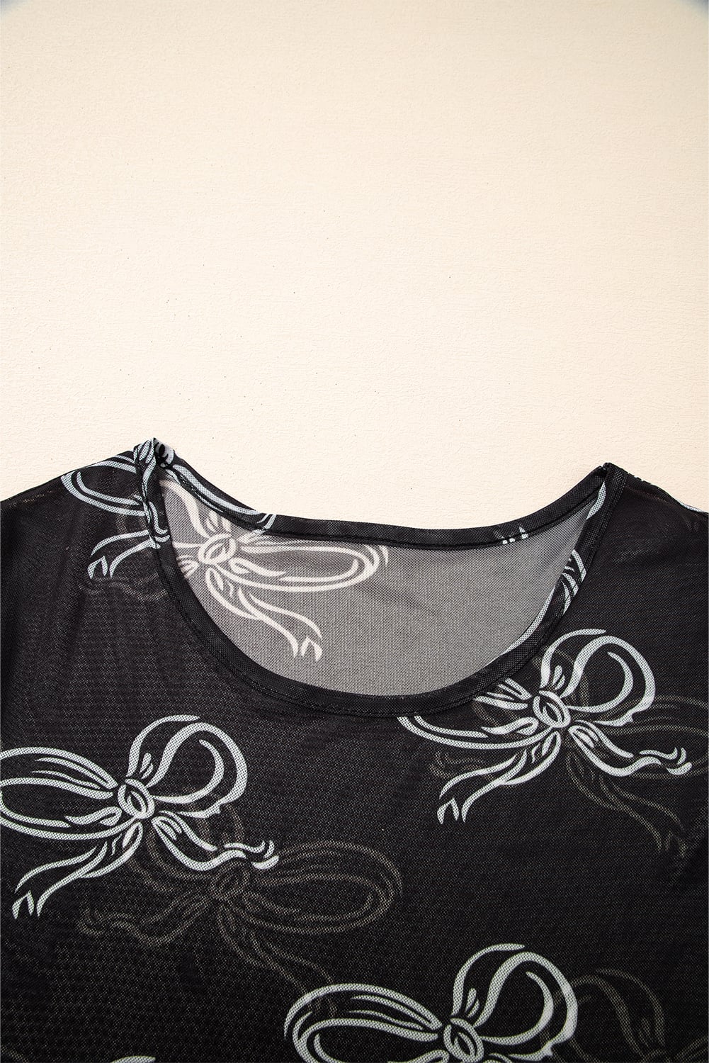 Black Bow Printed Mesh Short Sleeve Top