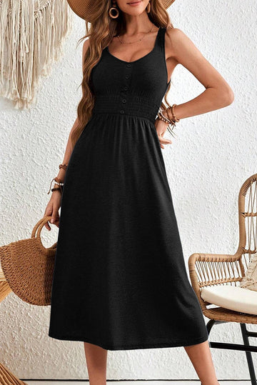 Black Button Shirred High Waist Sleeveless Midi Dress