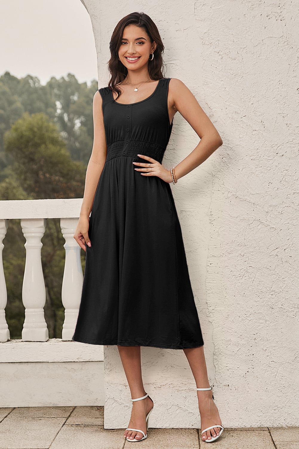 Black Button Shirred High Waist Sleeveless Midi Dress