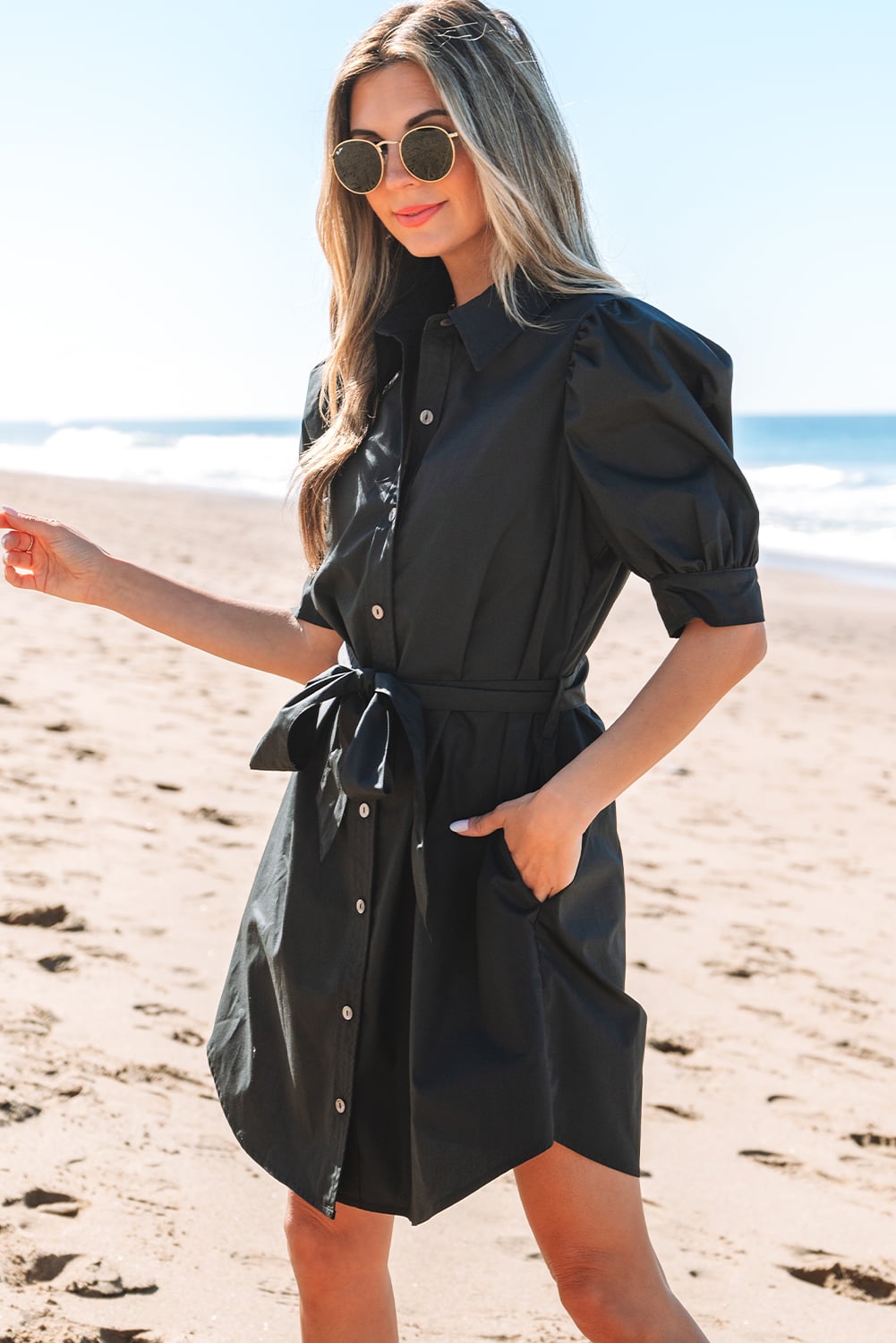 Black Button Up Tie Waist Puff Sleeve Mini Dress