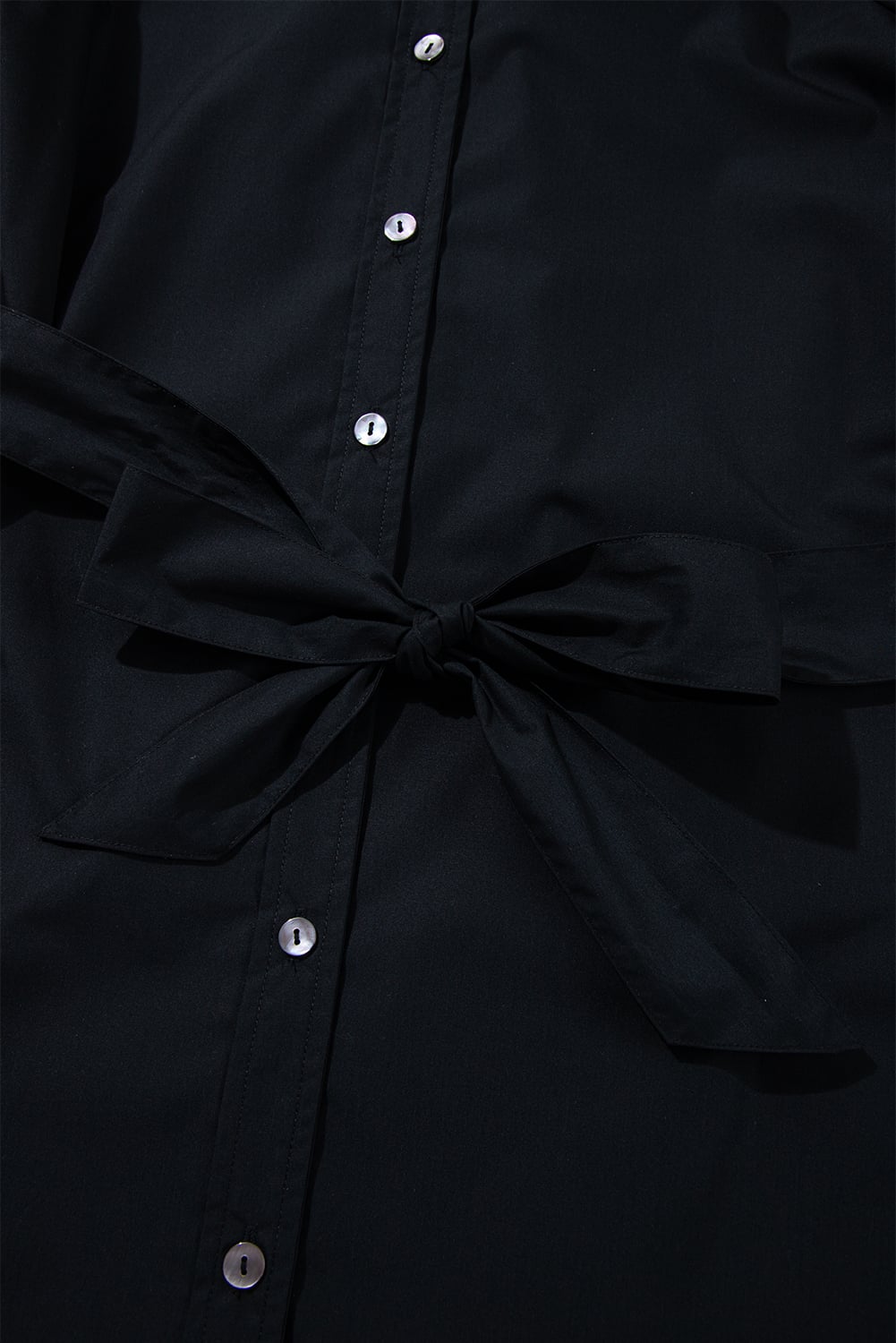 Black Button Up Tie Waist Puff Sleeve Mini Dress