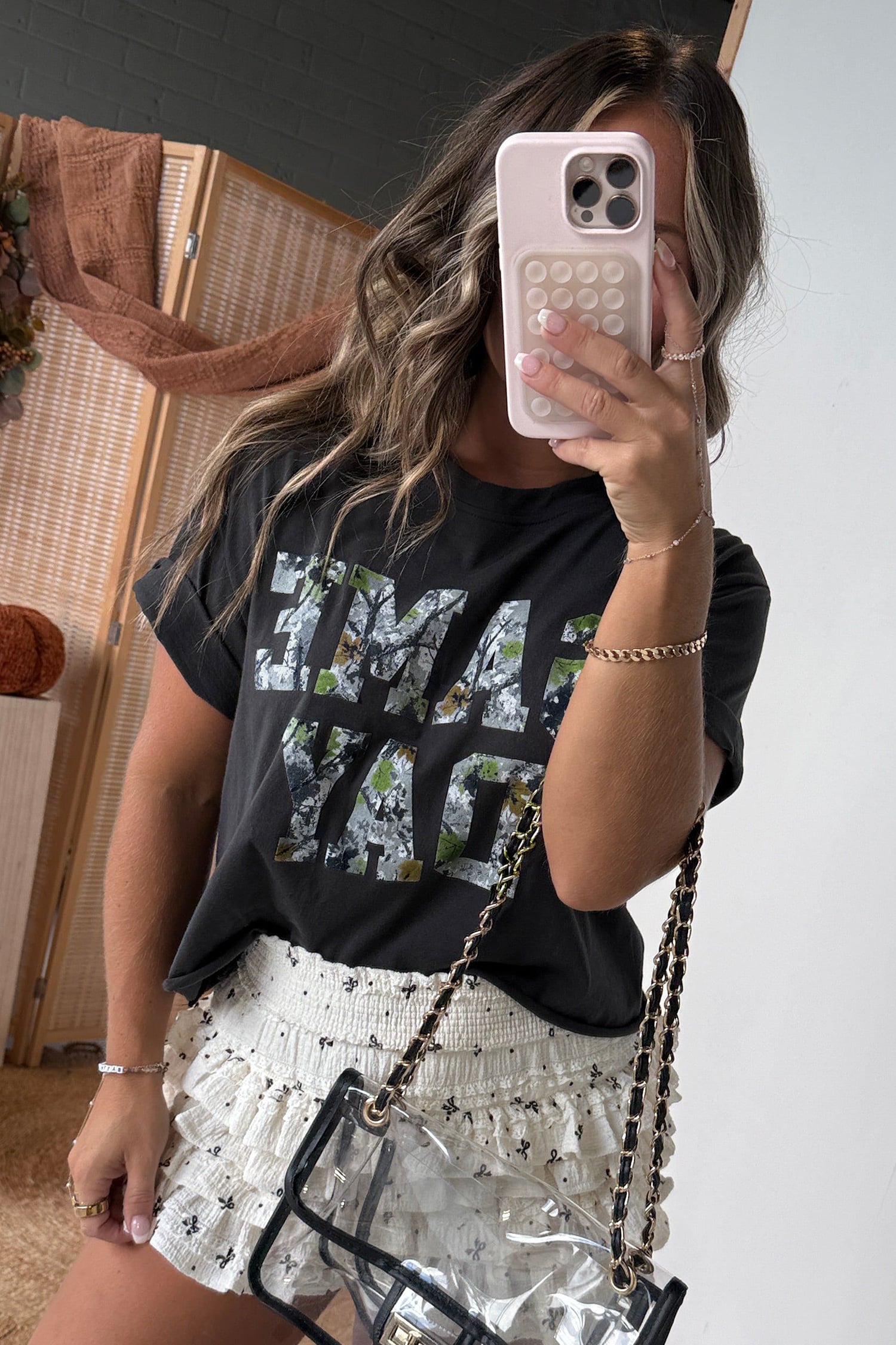 Black Game Day Camo Letter Print Round Neck Casual T Shirt