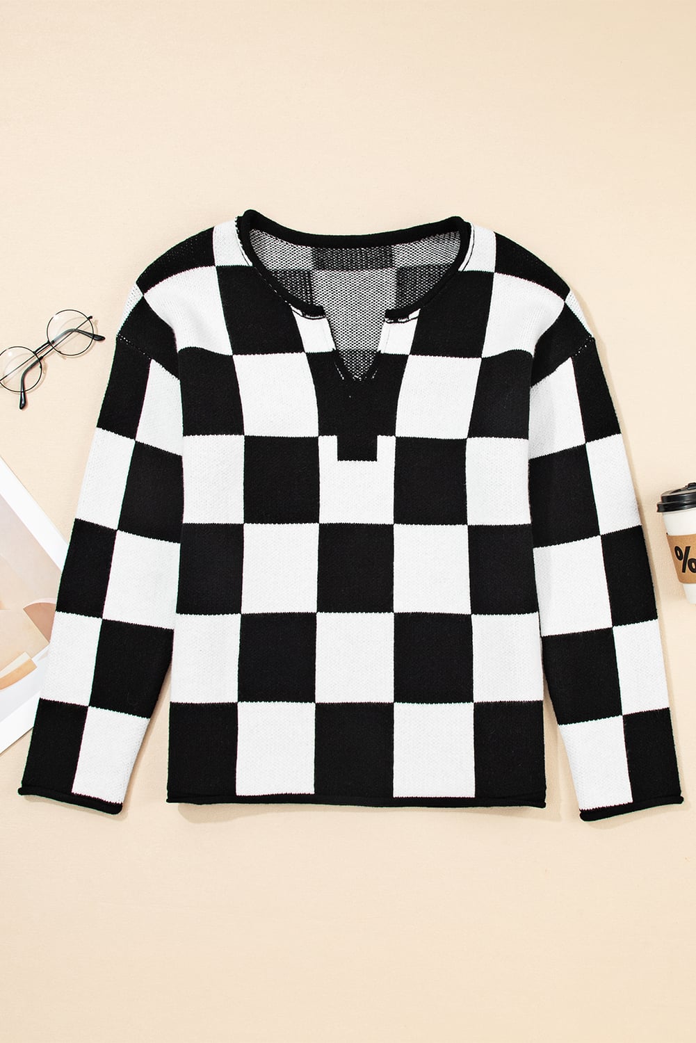 Black Checked Notched Neckline Drop Shoulder Knit Sweater