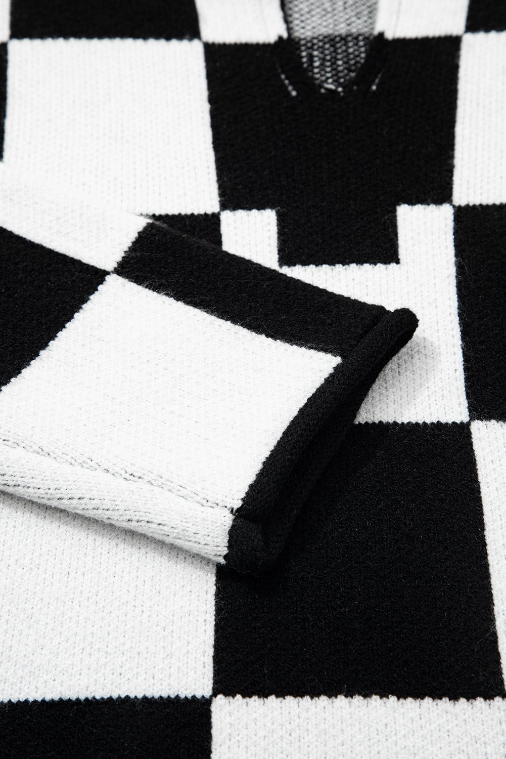 Black Checked Notched Neckline Drop Shoulder Knit Sweater