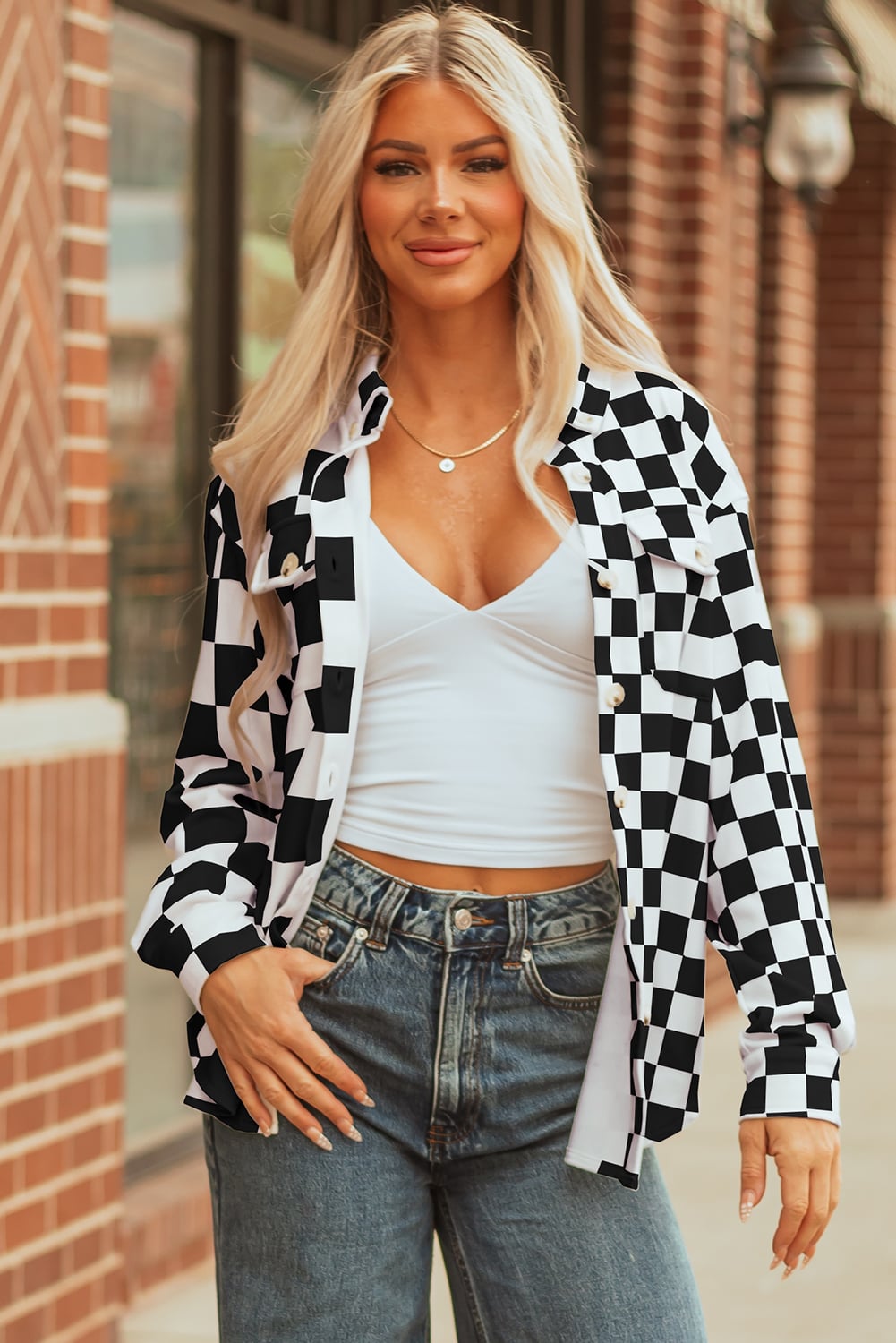 Black Checkerboard Flap Pocket Button Front Shacket