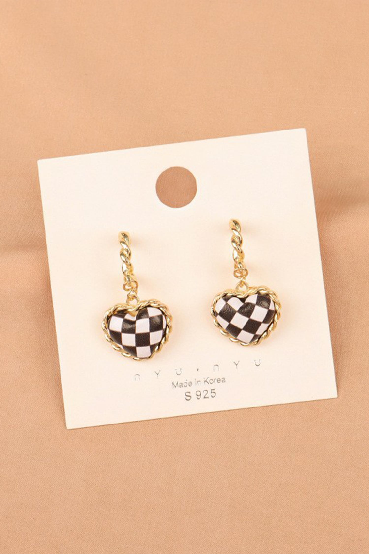 Black Checkered Heart Dangle Gold Plated Twisted Hoop Stud Earrings