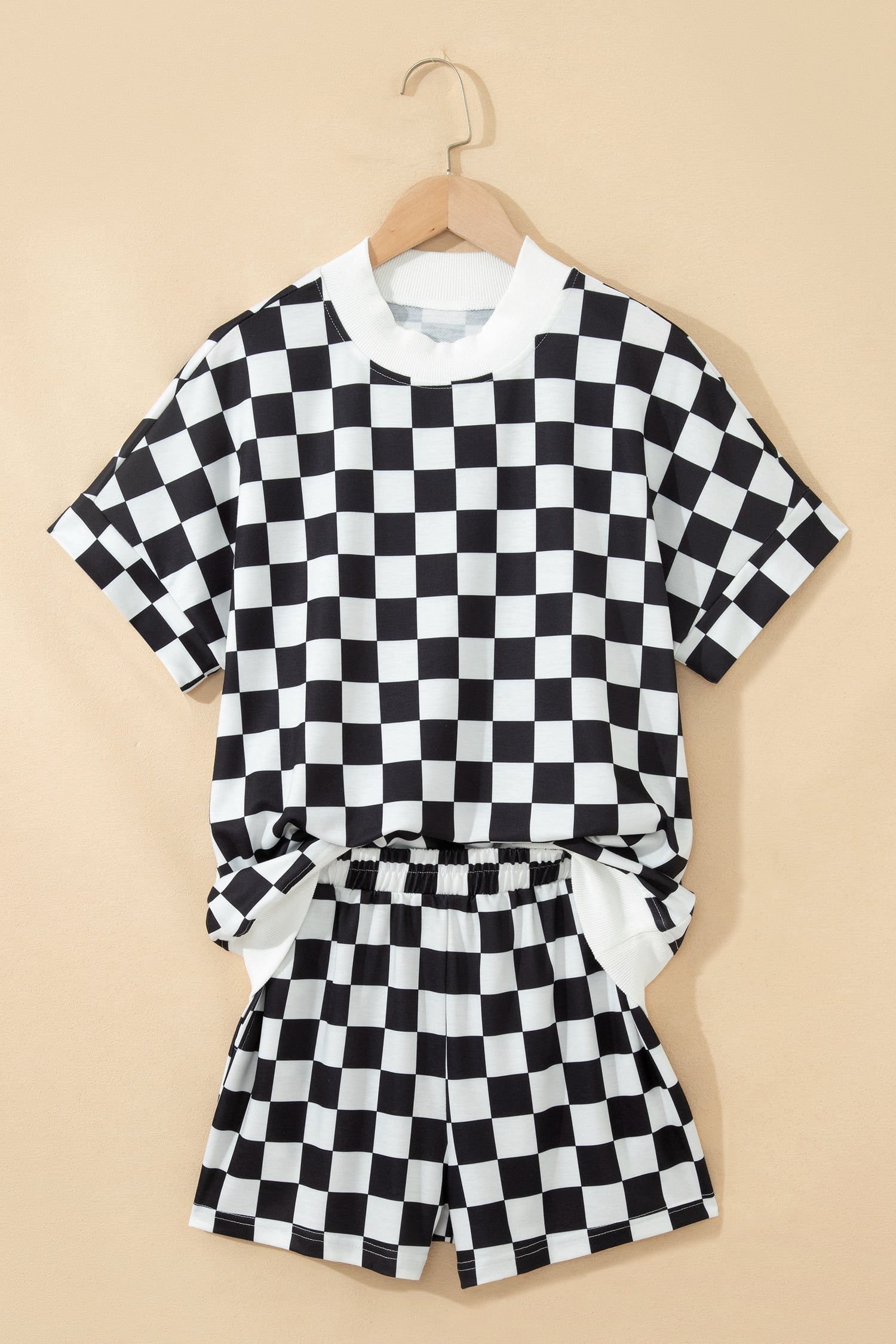 Black Checkered Print Color Block Trim Mock Neck Short Set