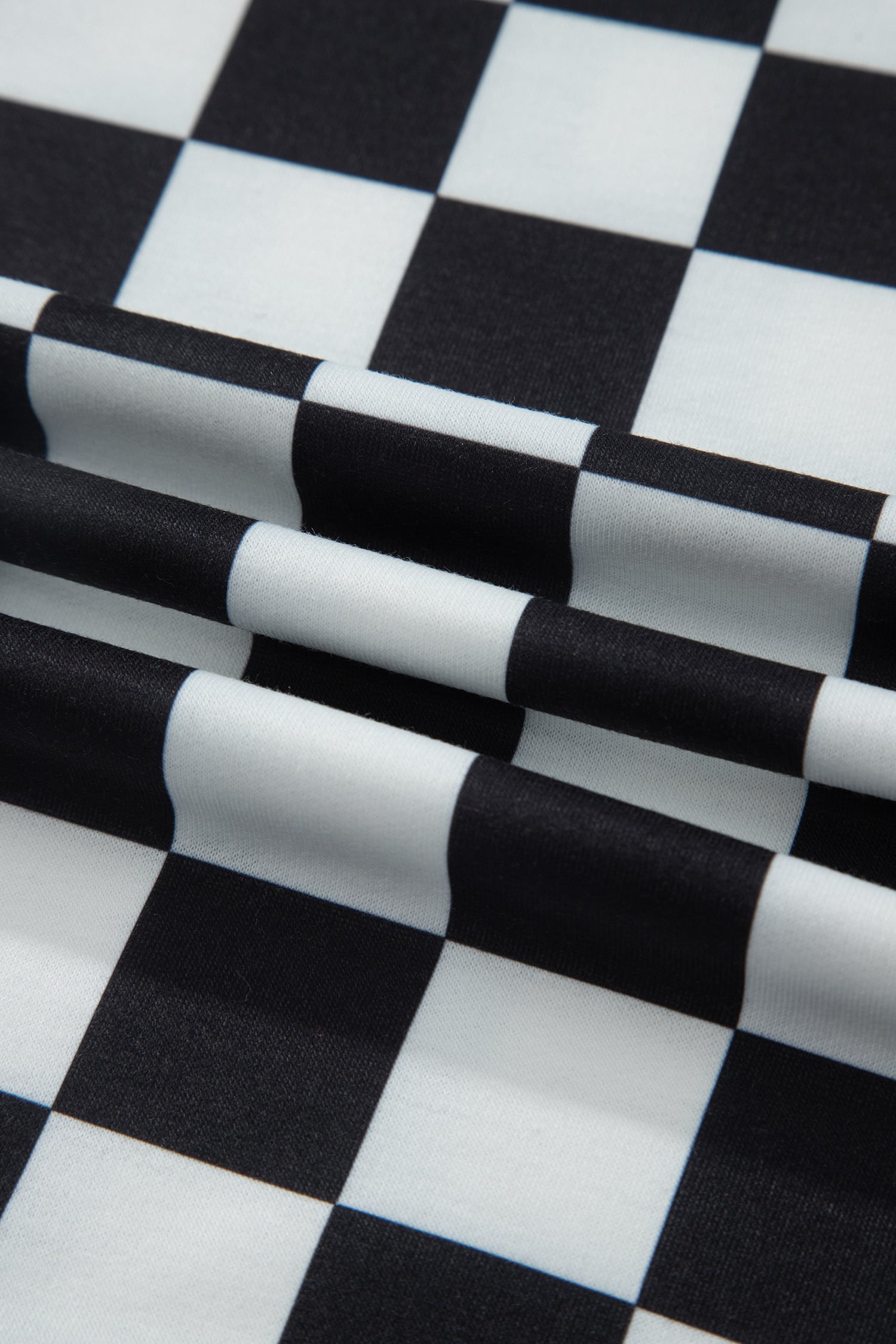 Black Checkered Print Color Block Trim Mock Neck Short Set