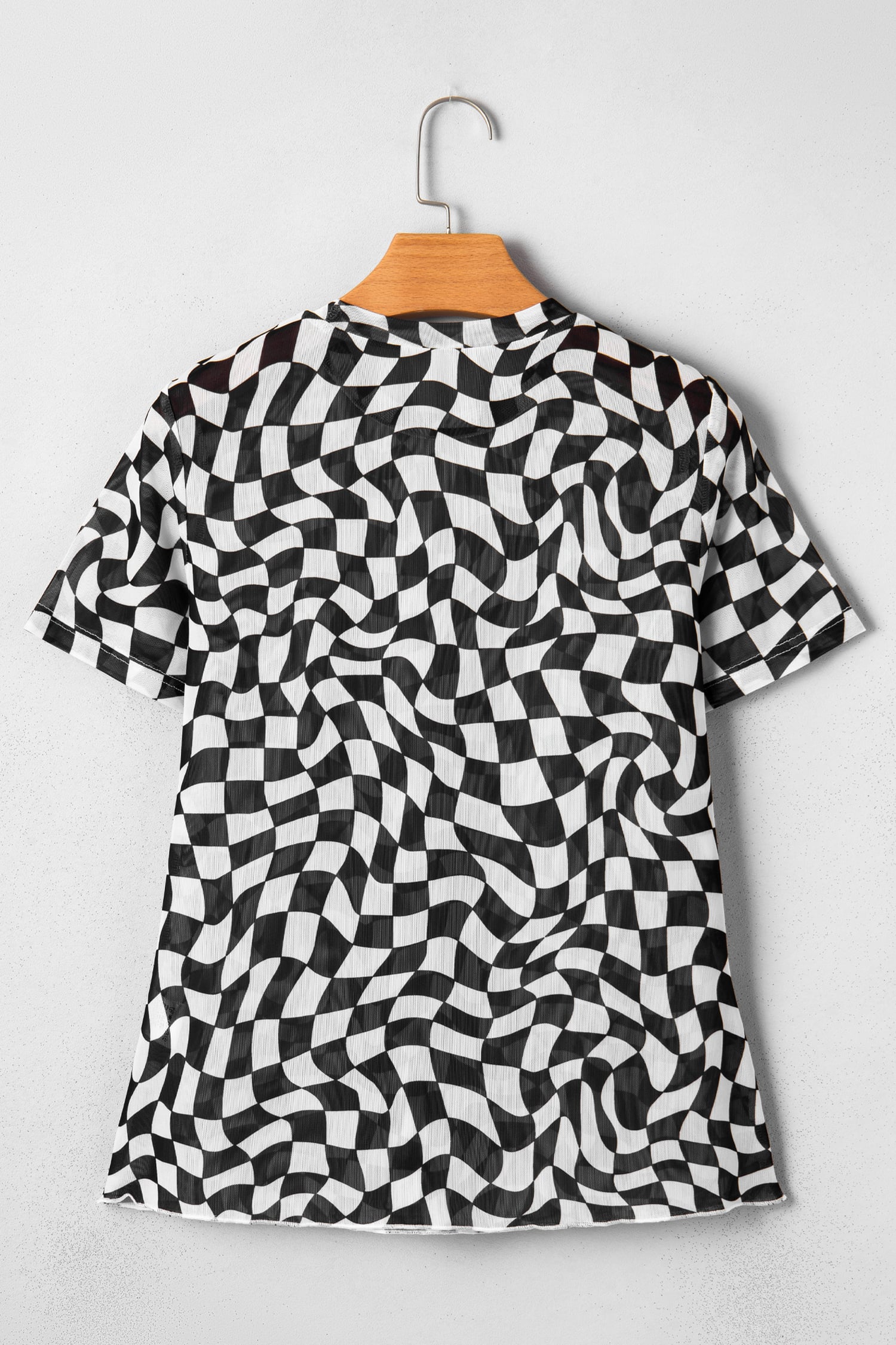 Black Checkered Print Crew Neck Mesh T Shirt