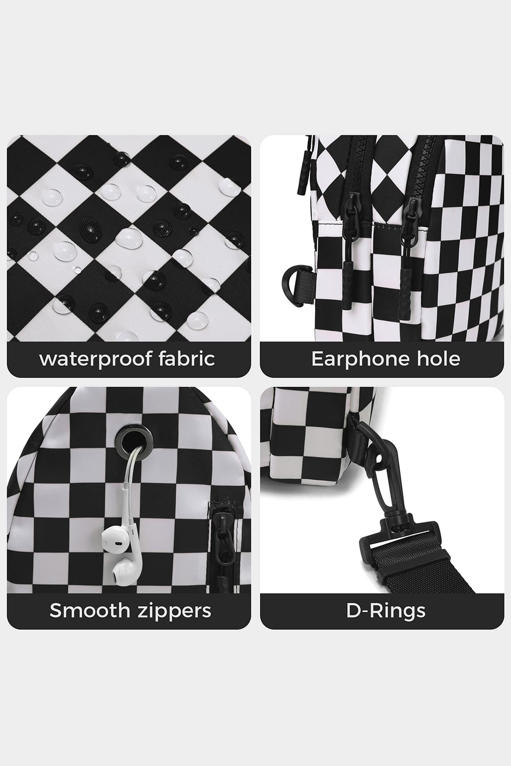 Black Checkered Print Zip Front Sling Backpack Crossbody Bag