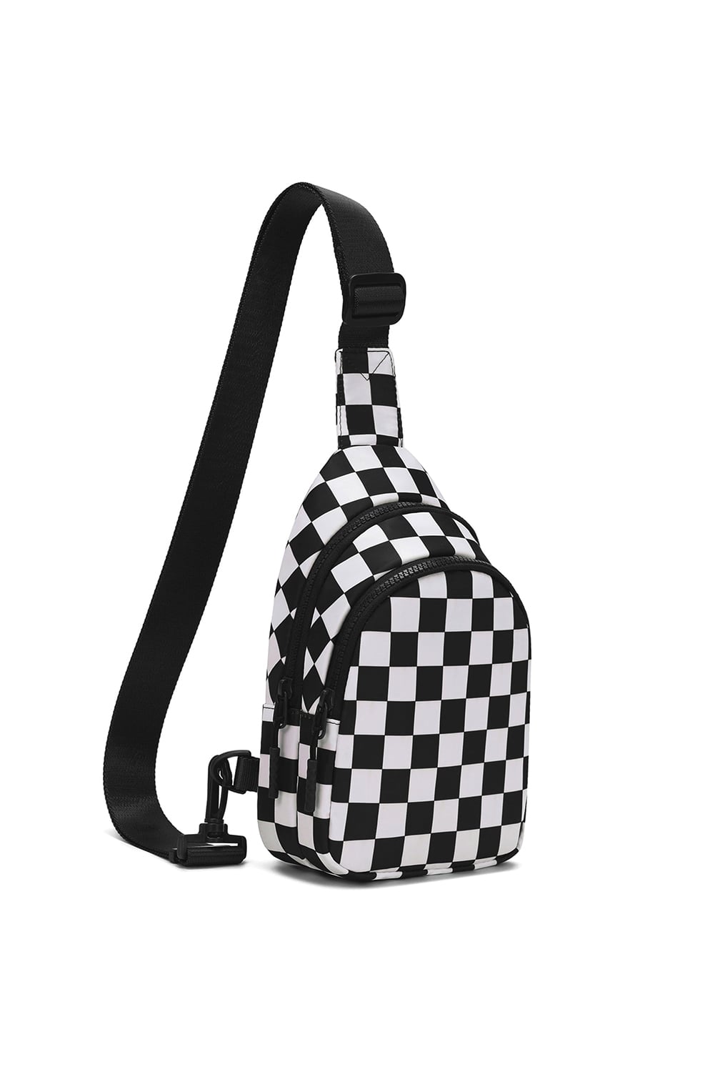 Black Checkered Print Zip Front Sling Backpack Crossbody Bag