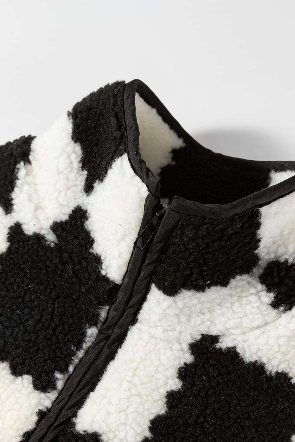 Black Checkered Sherpa Collared Jacket Vest