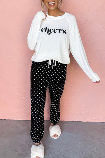 Black Cheers Graphic Raglan Long Sleeve Pullover and Polka Dot Pants 2pcs Loungewear