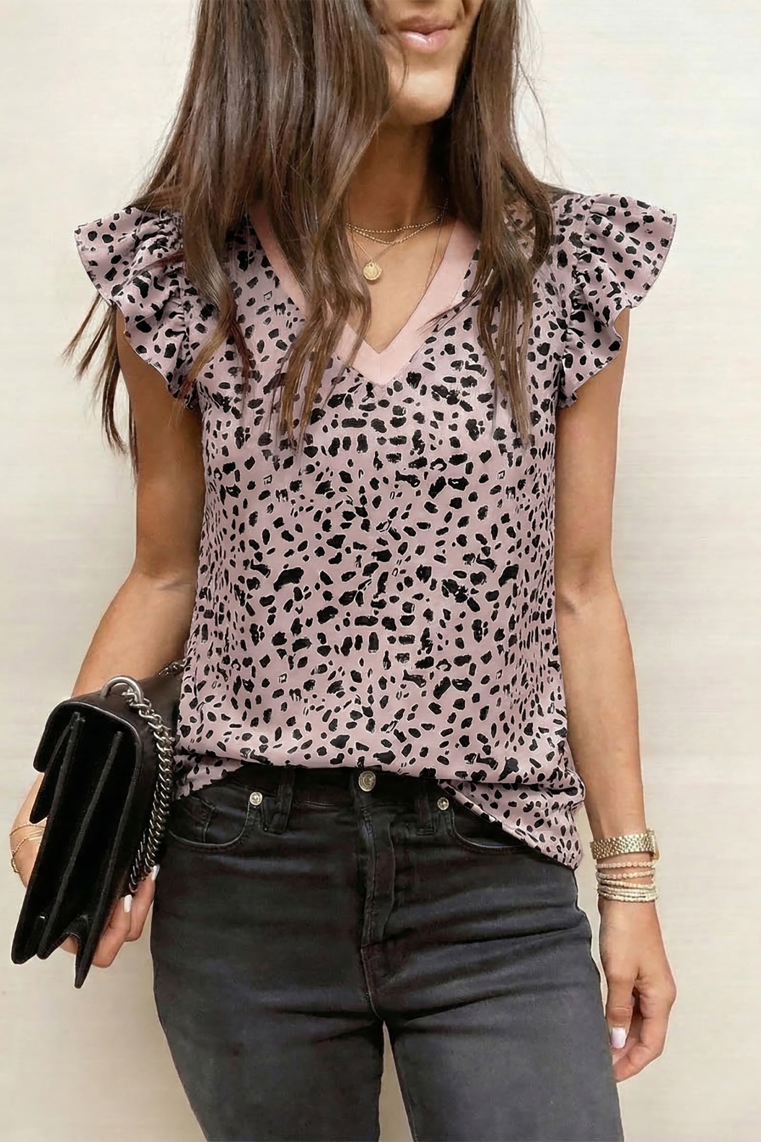 Black Cheetah Print V Neck Ruffle Trim Loose Tank Top