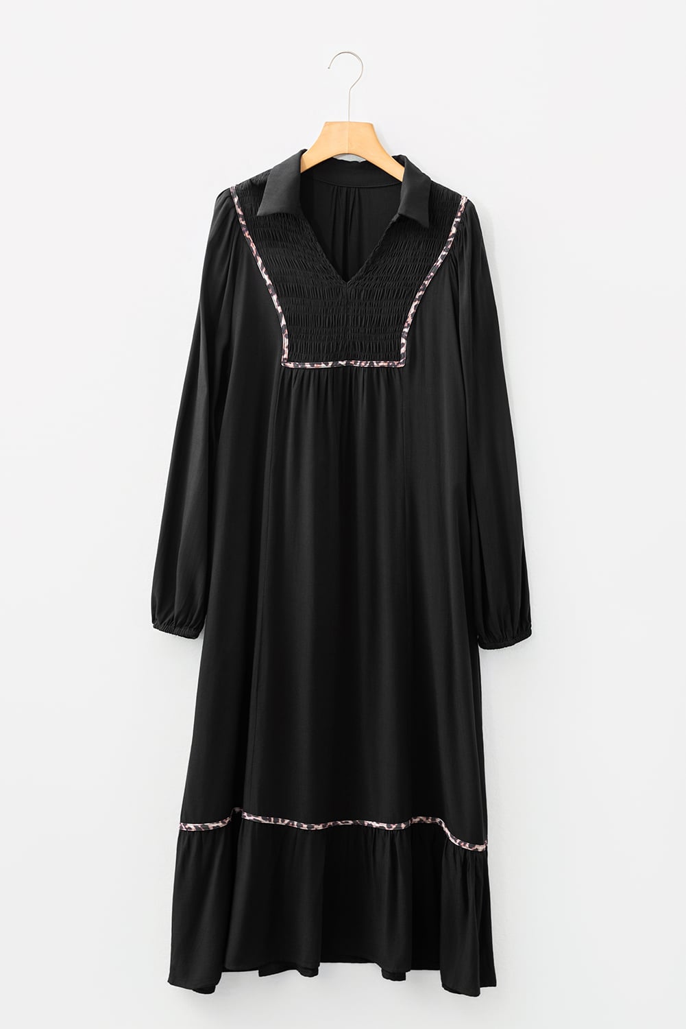 Black Collared V Neck Smocked Detail Contrast Leopard Trim Bracelet Sleeve Long Dress