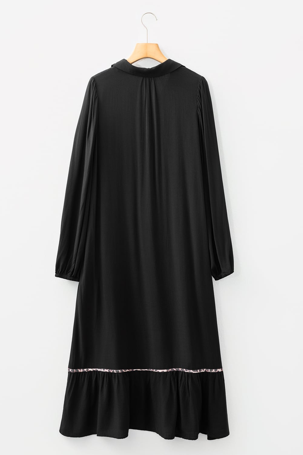 Black Collared V Neck Smocked Detail Contrast Leopard Trim Bracelet Sleeve Long Dress
