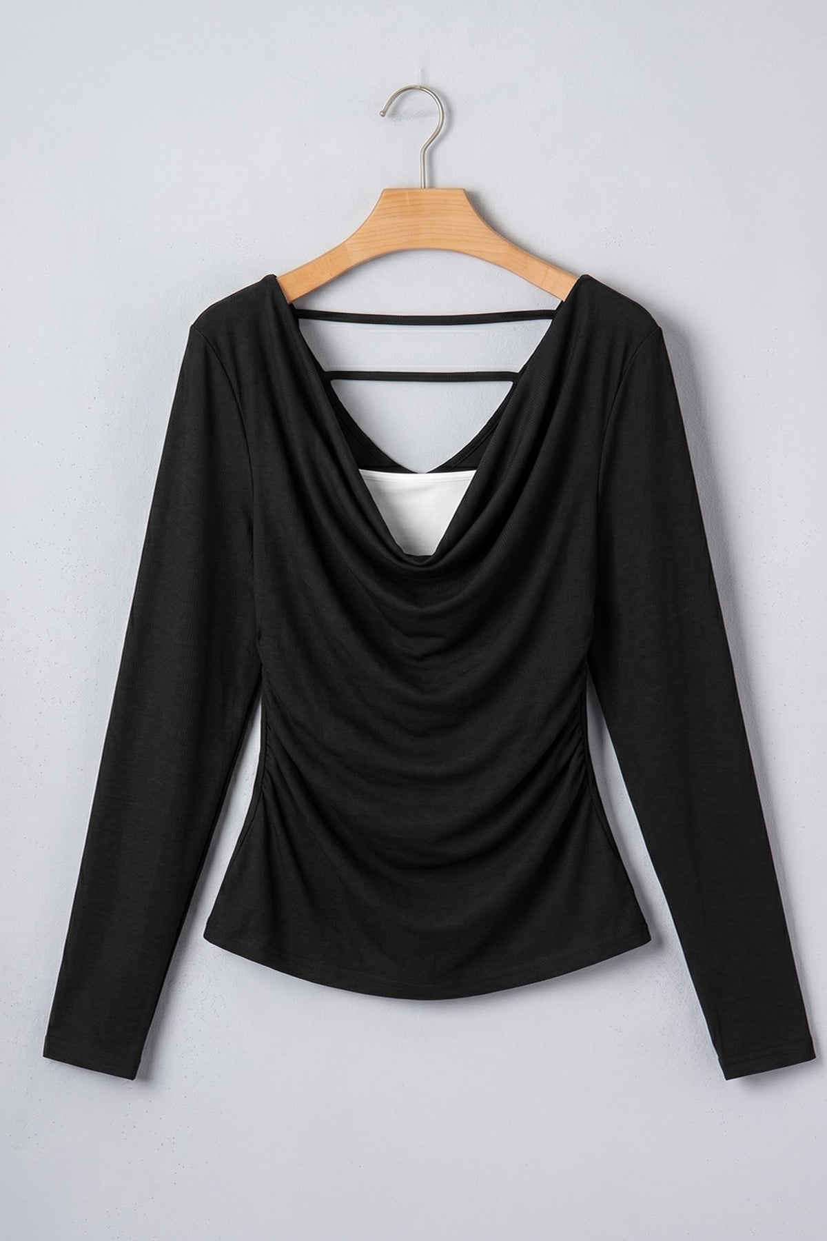 Black Color Block Drape V Neck Pleated Long Sleeve Top