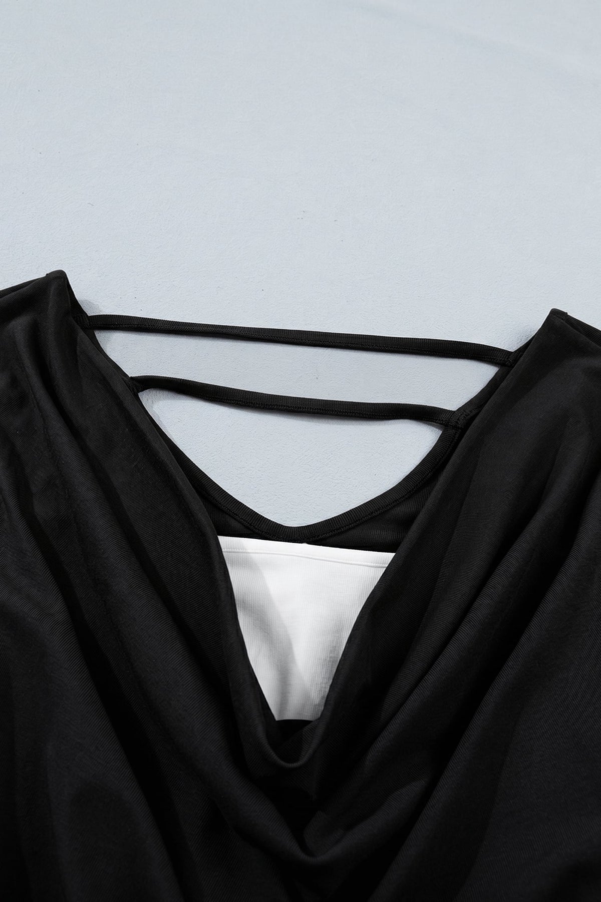 Black Color Block Drape V Neck Pleated Long Sleeve Top