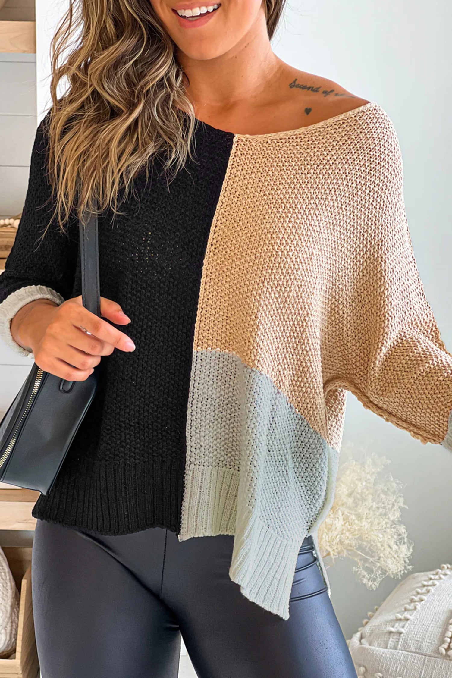 Black Color Block Knit V Neck Loose Sweater