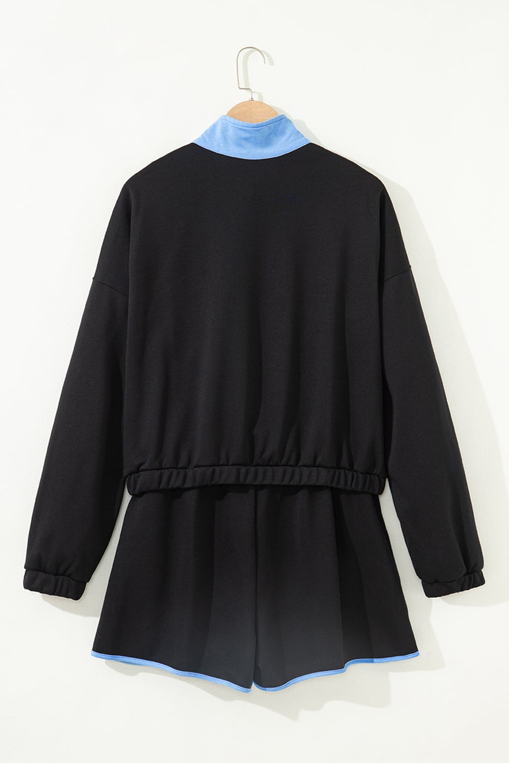 Black Color Block Patchwork Half Button Pullover and Shorts 2pcs Outfit