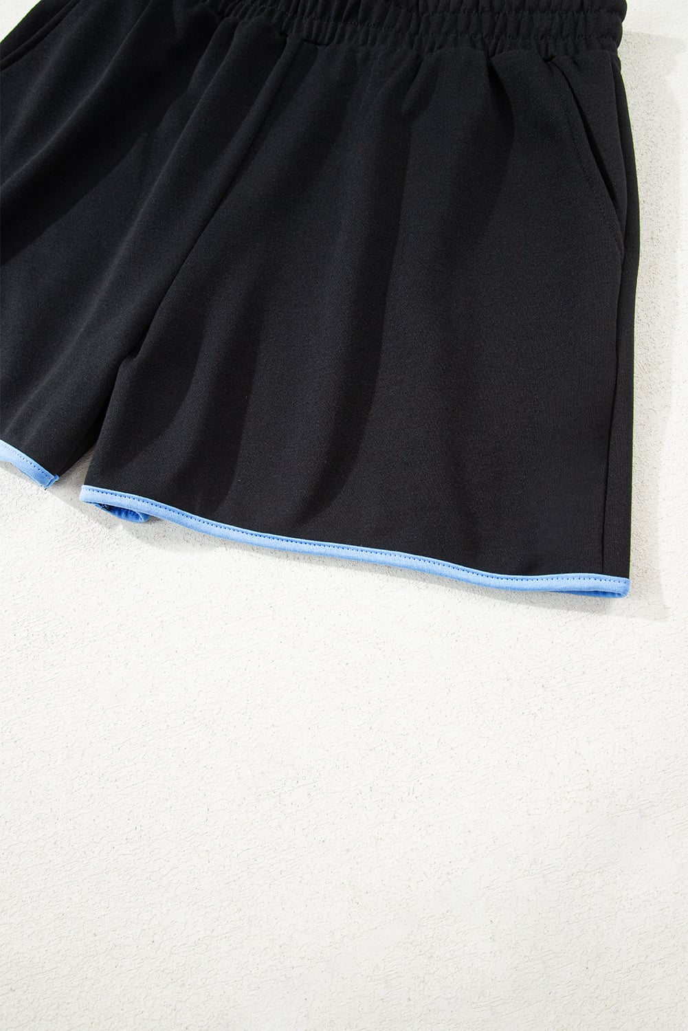 Black Color Block Patchwork Half Button Pullover and Shorts 2pcs Outfit