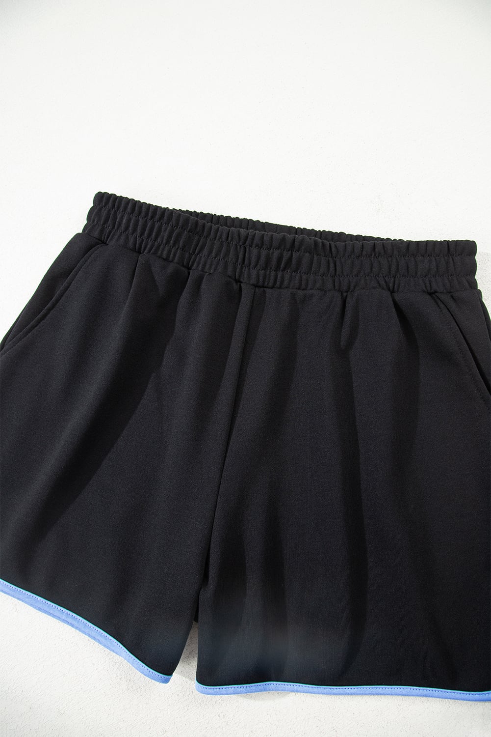 Black Color Block Patchwork Half Button Pullover and Shorts 2pcs Outfit