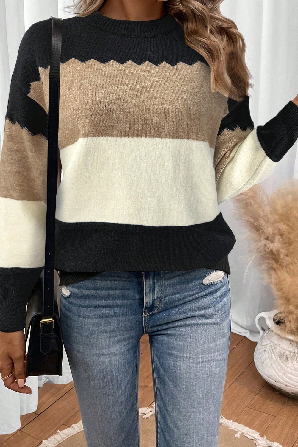Black Colorblock Crew Neck Drop Shoulder Sweater