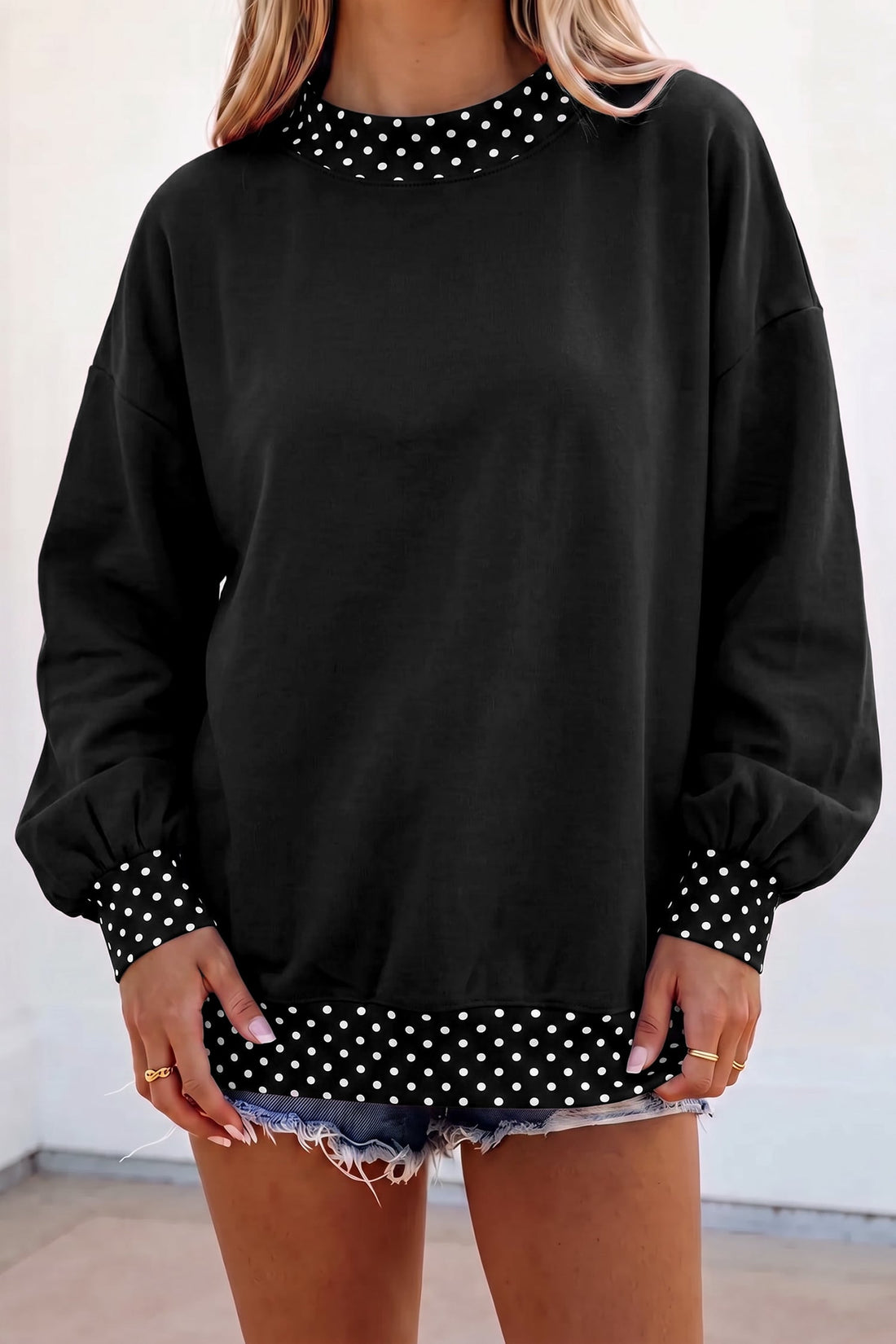 Black Colorblock Polka Dot Contrast Trim Oversized Sweatshirt