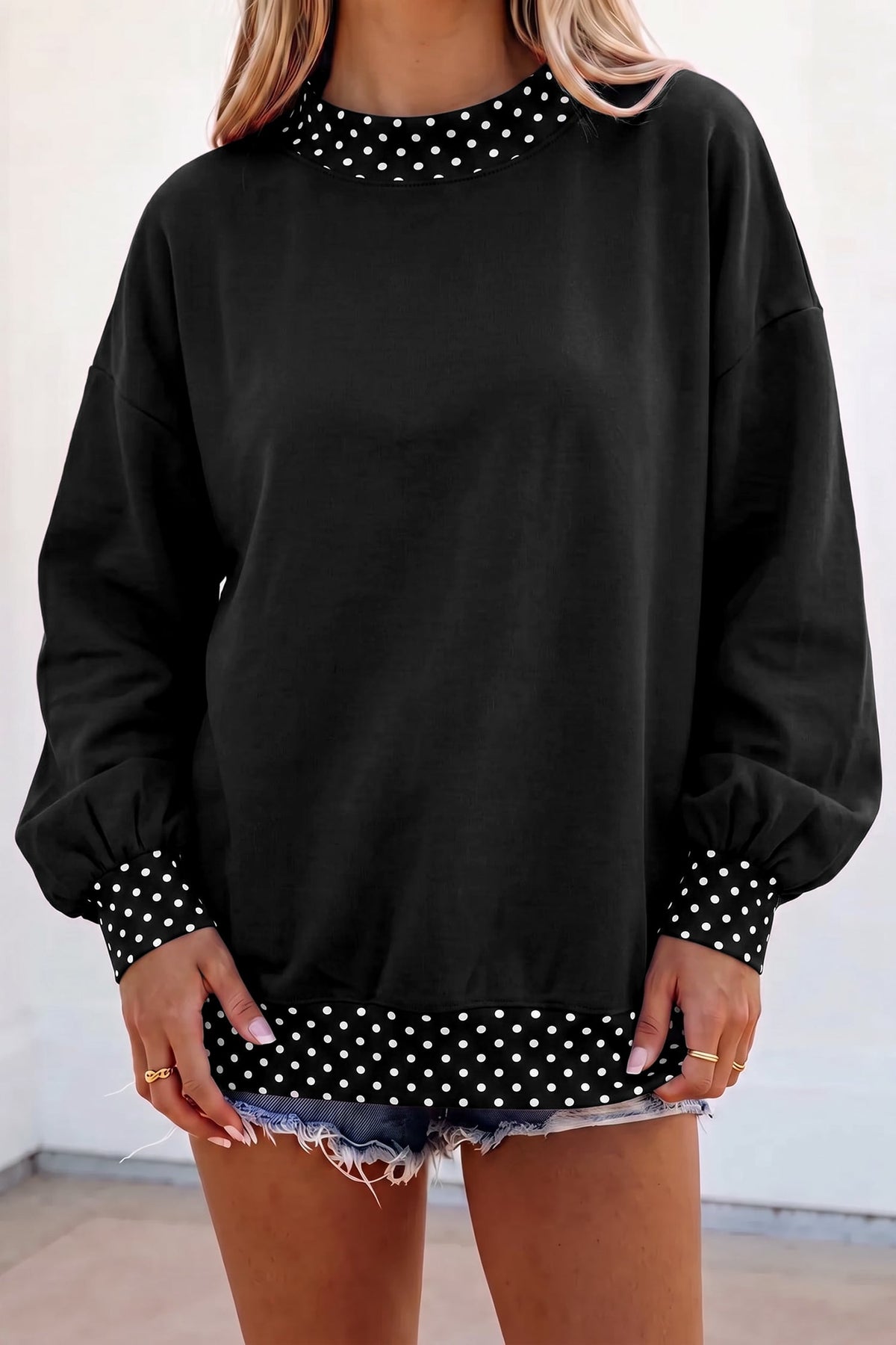 Black Colorblock Polka Dot Contrast Trim Oversized Sweatshirt